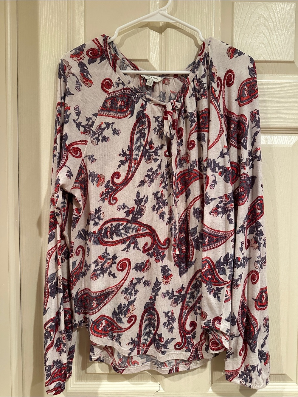 Lucky Brand Cream Long-Sleeve Paisley Tie-Neck Top with Red & Navy Print